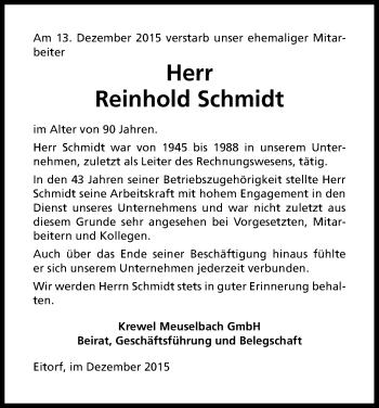 Anzeige von Reinhold Schmidt von Kölner Stadt-Anzeiger / Kölnische Rundschau / Express