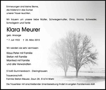 Anzeige von Klara Meurer von Kölner Stadt-Anzeiger / Kölnische Rundschau / Express