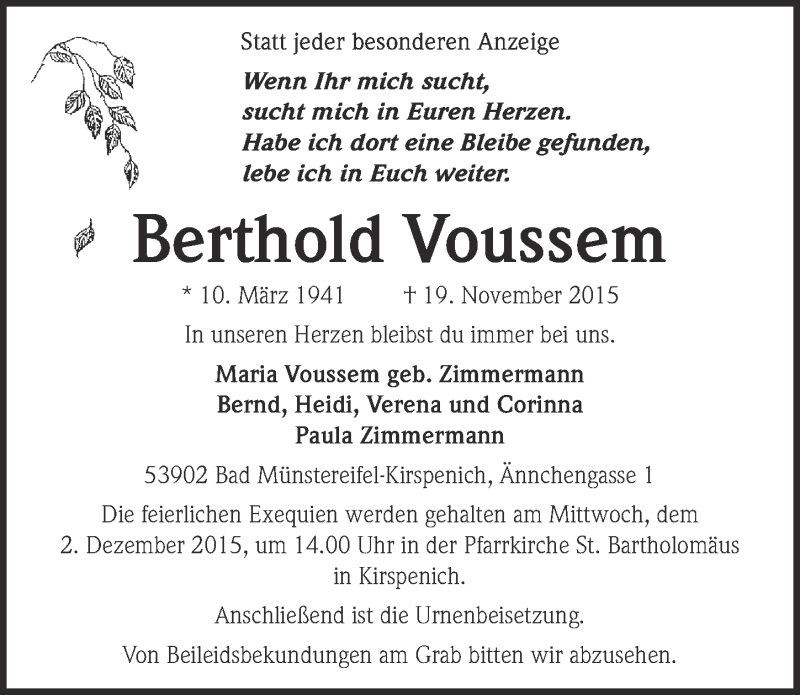  Traueranzeige für Berthold Voussem vom 29.11.2015 aus  Blickpunkt Euskirchen 