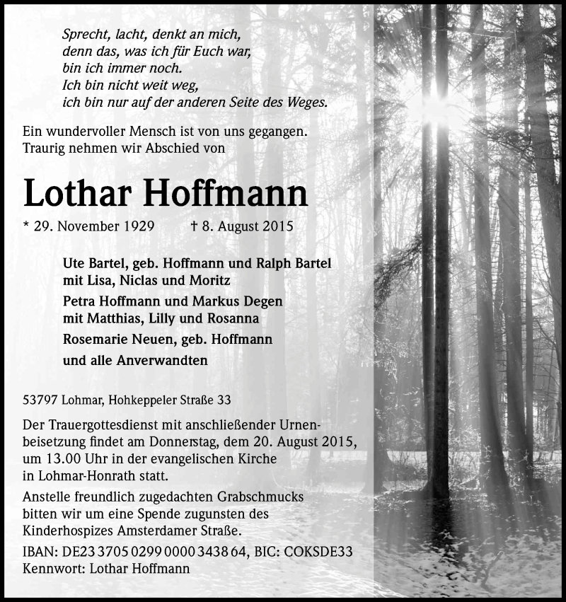  Traueranzeige für Lothar Hoffmann vom 13.08.2015 aus Kölner Stadt-Anzeiger / Kölnische Rundschau / Express