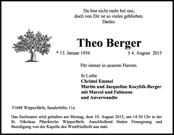Anzeige von Theo Berger von Kölner Stadt-Anzeiger / Kölnische Rundschau / Express