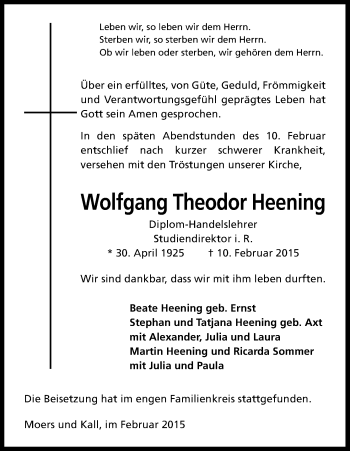 Anzeige von Wolfgang Theodor Heening von Kölner Stadt-Anzeiger / Kölnische Rundschau / Express