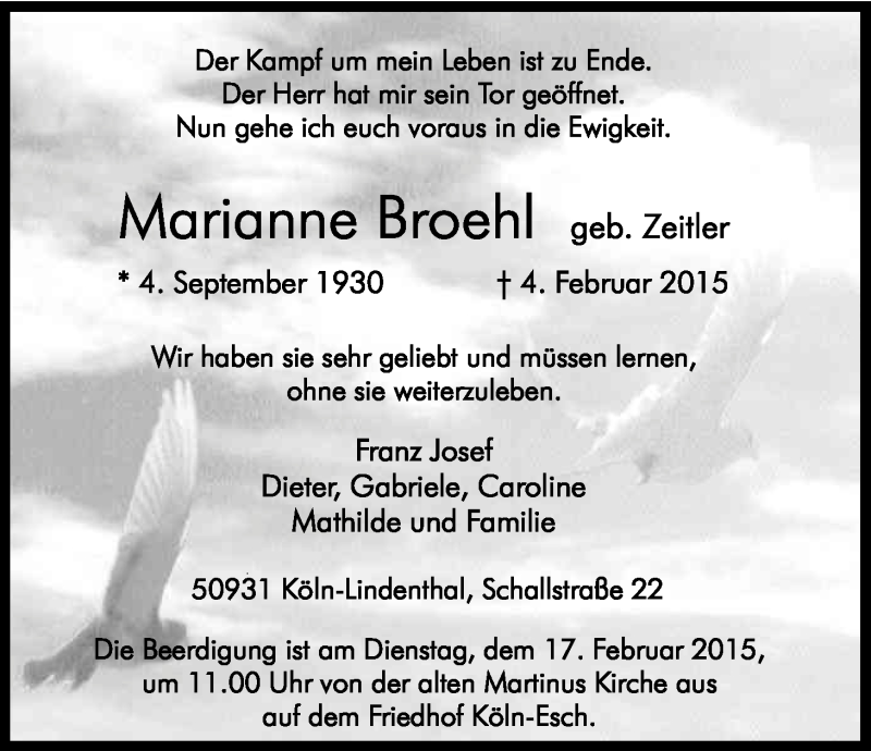  Traueranzeige für Marianne Broehl vom 14.02.2015 aus Kölner Stadt-Anzeiger / Kölnische Rundschau / Express