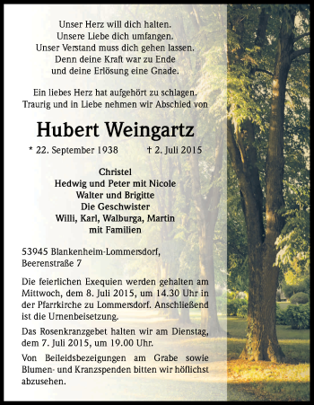Anzeige von Hubert Weingartz von Kölner Stadt-Anzeiger / Kölnische Rundschau / Express