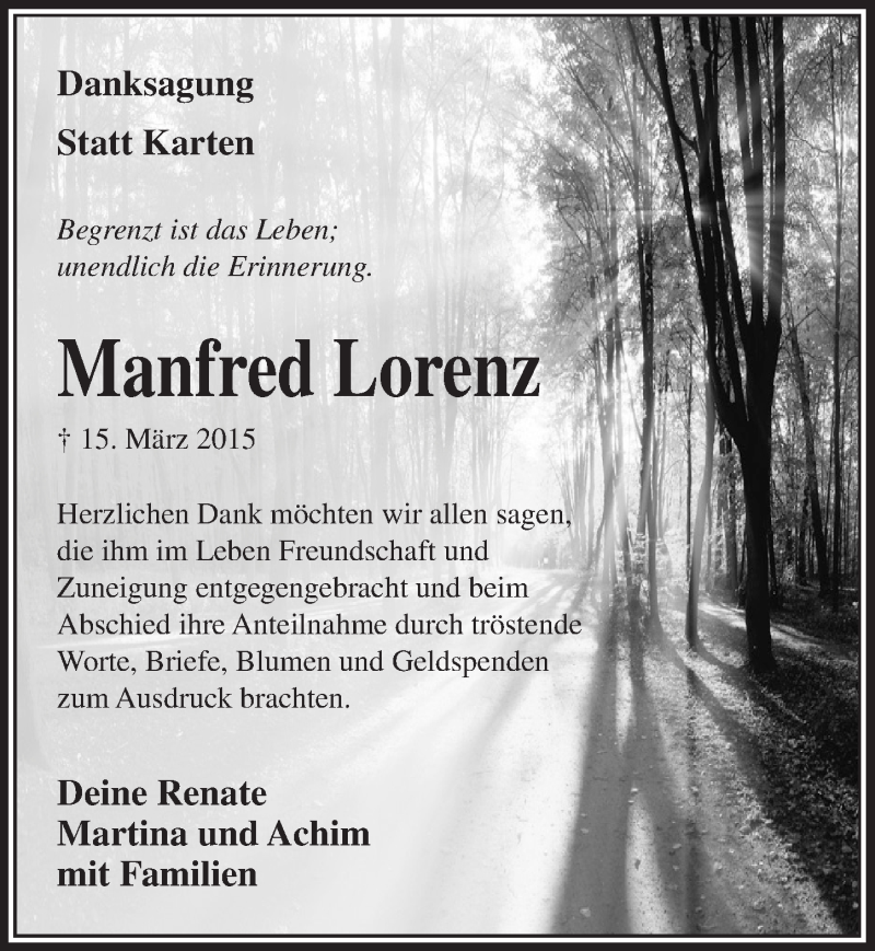  Traueranzeige für Manfred Lorenz vom 15.04.2015 aus  Anzeigen Echo  Lokalanzeiger 