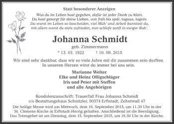 Anzeige von Johanna Schmidt von  Sonntags-Post 