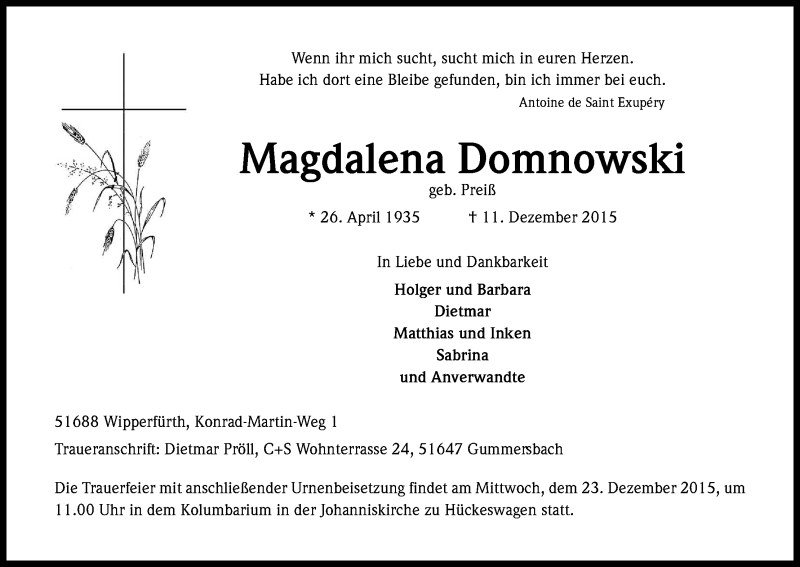  Traueranzeige für Magdalena Domnowski vom 17.12.2015 aus Kölner Stadt-Anzeiger / Kölnische Rundschau / Express