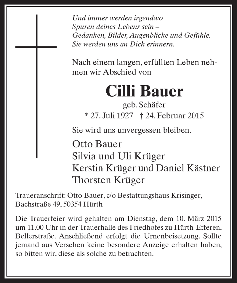  Traueranzeige für Cilli Bauer vom 04.03.2015 aus  Wochenende 