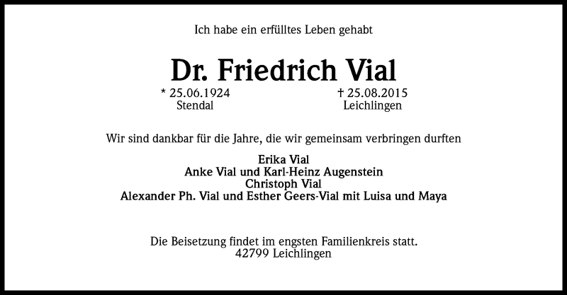  Traueranzeige für Friedrich Vial vom 09.09.2015 aus Kölner Stadt-Anzeiger / Kölnische Rundschau / Express