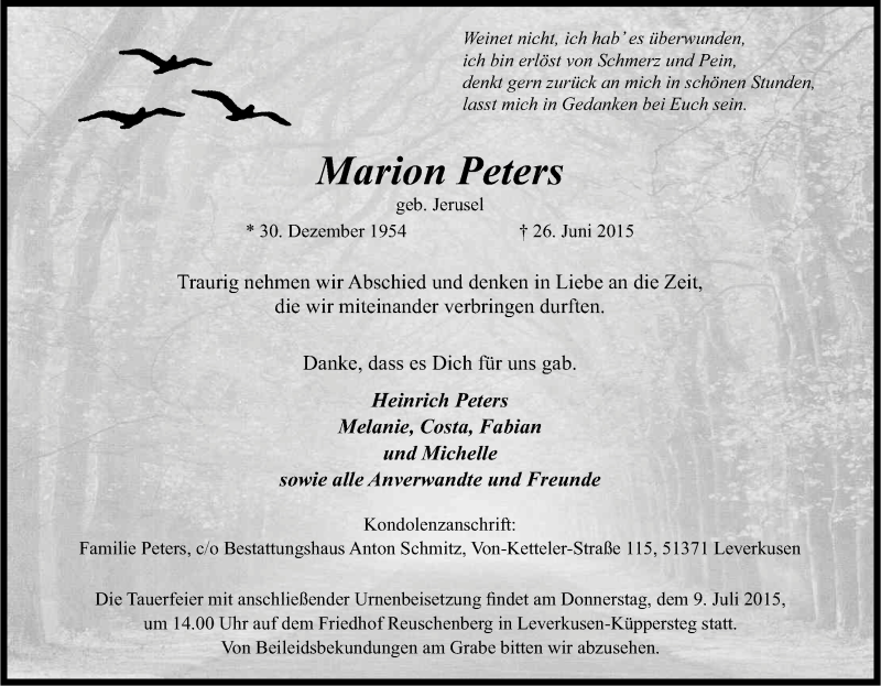  Traueranzeige für Marion Peters vom 04.07.2015 aus Kölner Stadt-Anzeiger / Kölnische Rundschau / Express