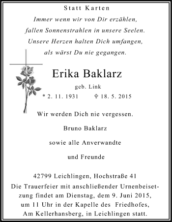 Anzeige von Erika Baklarz von Kölner Stadt-Anzeiger / Kölnische Rundschau / Express