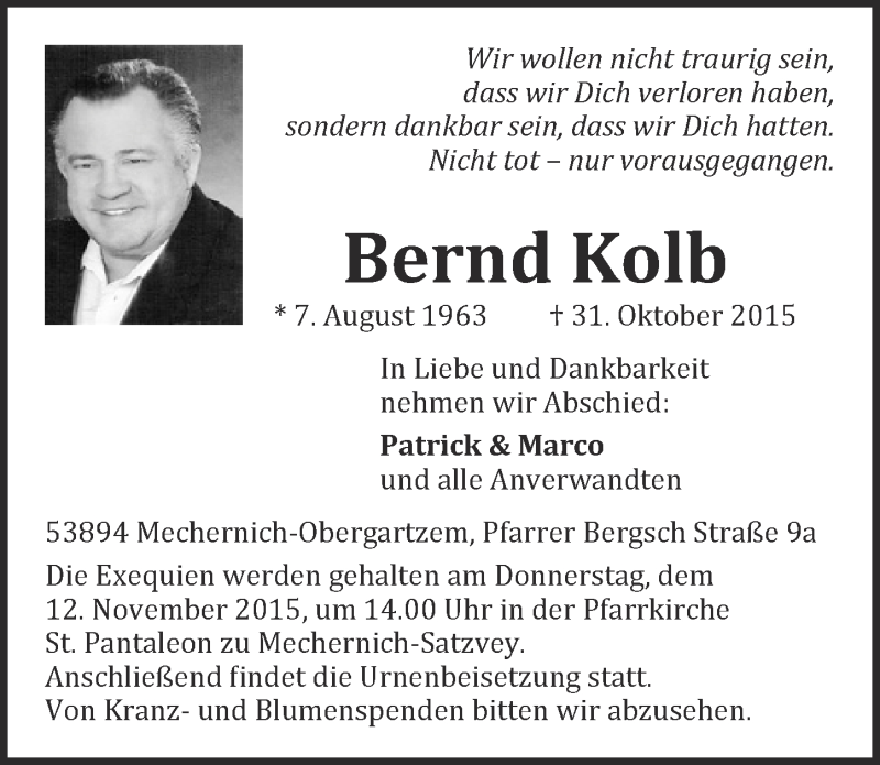  Traueranzeige für Bernd Kolb vom 08.11.2015 aus  Blickpunkt Euskirchen 