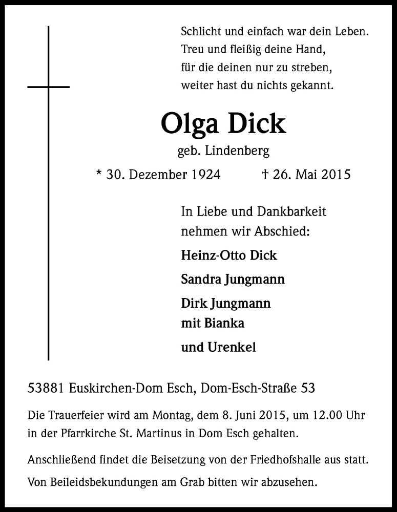  Traueranzeige für Olga Dick vom 30.05.2015 aus Kölner Stadt-Anzeiger / Kölnische Rundschau / Express