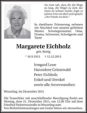 Anzeige von Margarete Eichholz von  Schlossbote/Werbekurier 