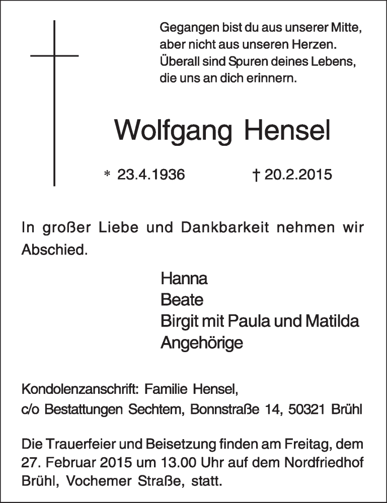  Traueranzeige für Wolfgang Hensel vom 25.02.2015 aus  Schlossbote/Werbekurier 