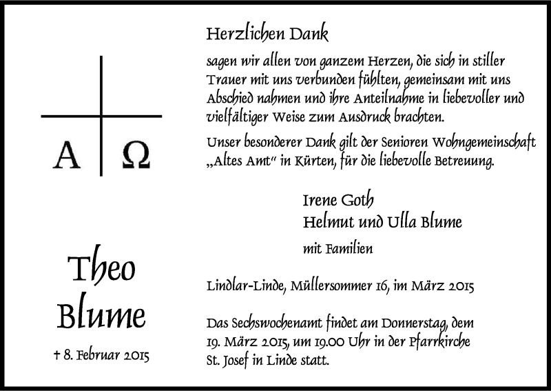  Traueranzeige für Theo Blume vom 14.03.2015 aus Kölner Stadt-Anzeiger / Kölnische Rundschau / Express