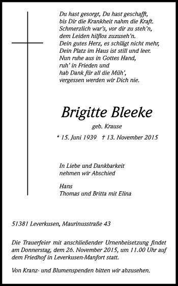 Anzeige von Brigitte Bleeke von Kölner Stadt-Anzeiger / Kölnische Rundschau / Express