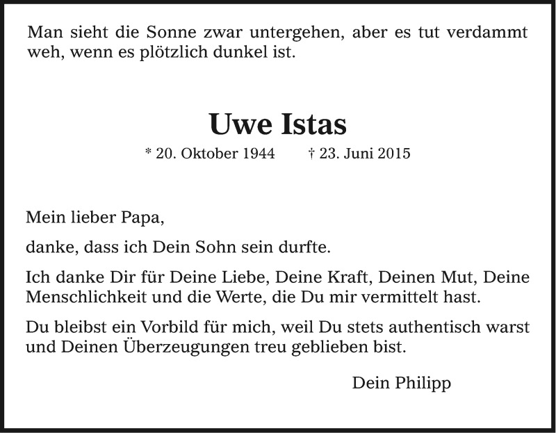  Traueranzeige für Uwe Istas vom 27.06.2015 aus Kölner Stadt-Anzeiger / Kölnische Rundschau / Express