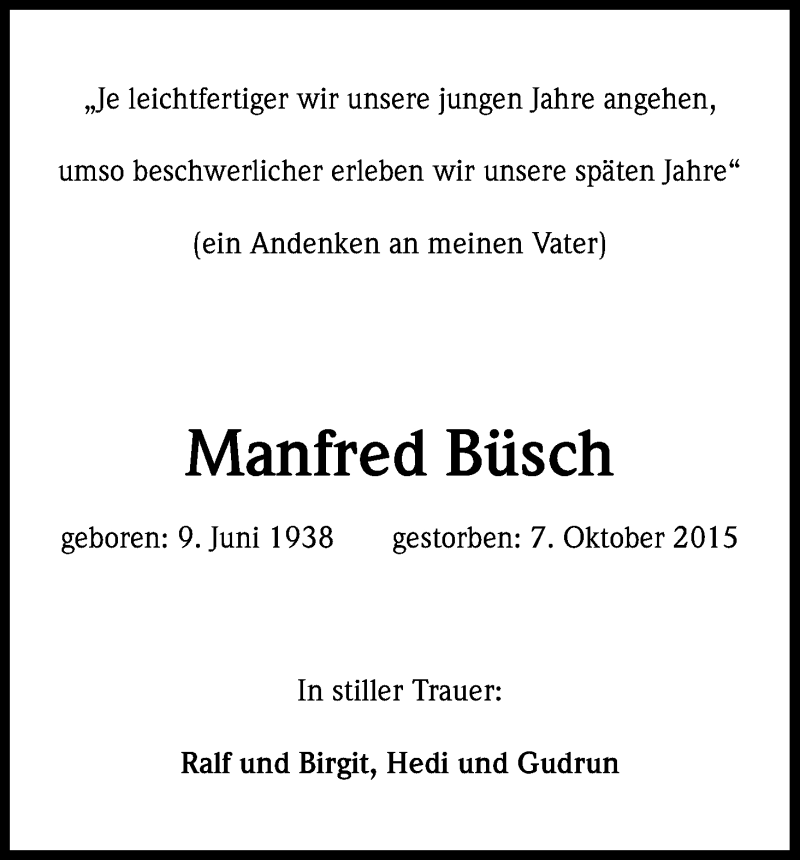  Traueranzeige für Manfred Büsch vom 24.10.2015 aus Kölner Stadt-Anzeiger / Kölnische Rundschau / Express