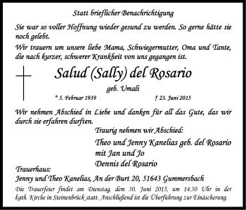 Anzeige von Salud del Rosario von Kölner Stadt-Anzeiger / Kölnische Rundschau / Express