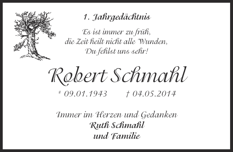  Traueranzeige für Robert Schmahl vom 06.05.2015 aus  Kölner Wochenspiegel 