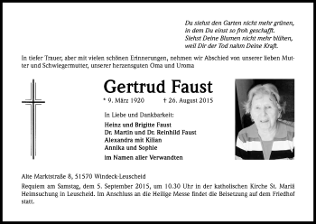 Anzeige von Gertrud Faust von Kölner Stadt-Anzeiger / Kölnische Rundschau / Express