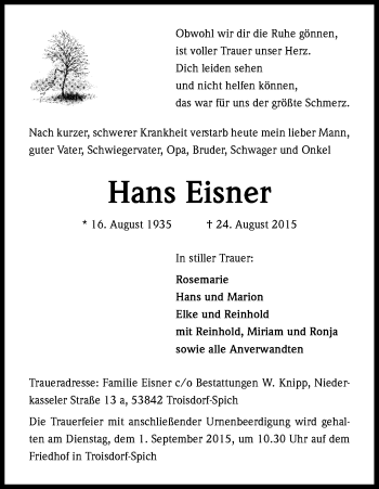 Anzeige von Hans Eisner von Kölner Stadt-Anzeiger / Kölnische Rundschau / Express