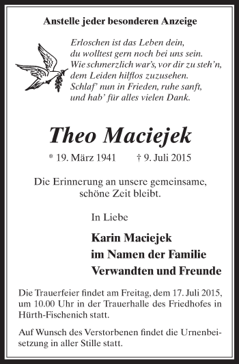 Anzeige von Theo Maciejek von  Wochenende 