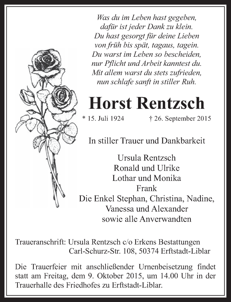  Traueranzeige für Horst Rentzsch vom 07.10.2015 aus  Werbepost 