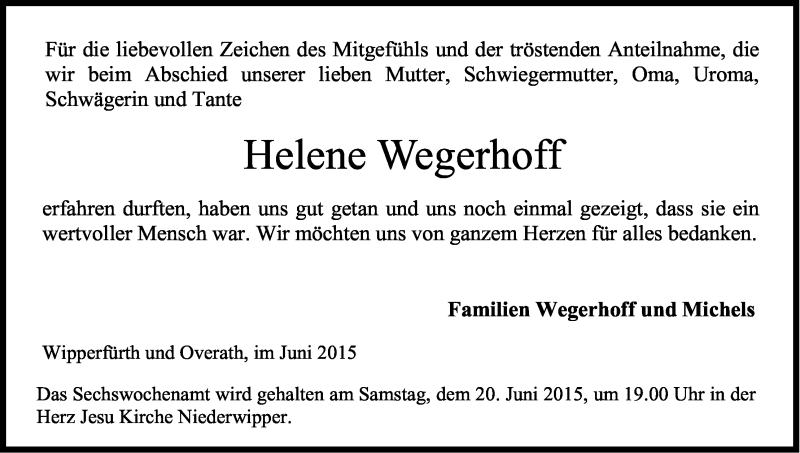  Traueranzeige für Helene Wegerhoff vom 17.06.2015 aus Kölner Stadt-Anzeiger / Kölnische Rundschau / Express