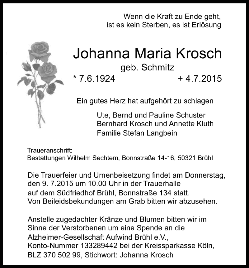  Traueranzeige für Johanna Maria Krosch vom 07.07.2015 aus Kölner Stadt-Anzeiger / Kölnische Rundschau / Express