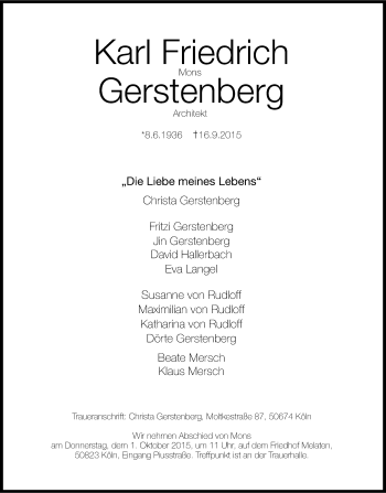 Anzeige von Karl Friedrich Gerstenberg von Kölner Stadt-Anzeiger / Kölnische Rundschau / Express