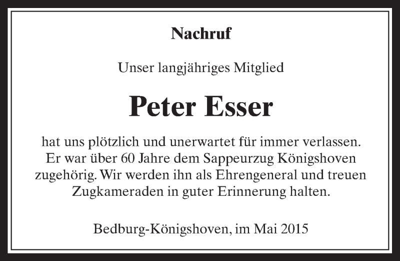  Traueranzeige für Peter Esser vom 27.05.2015 aus  Werbepost 