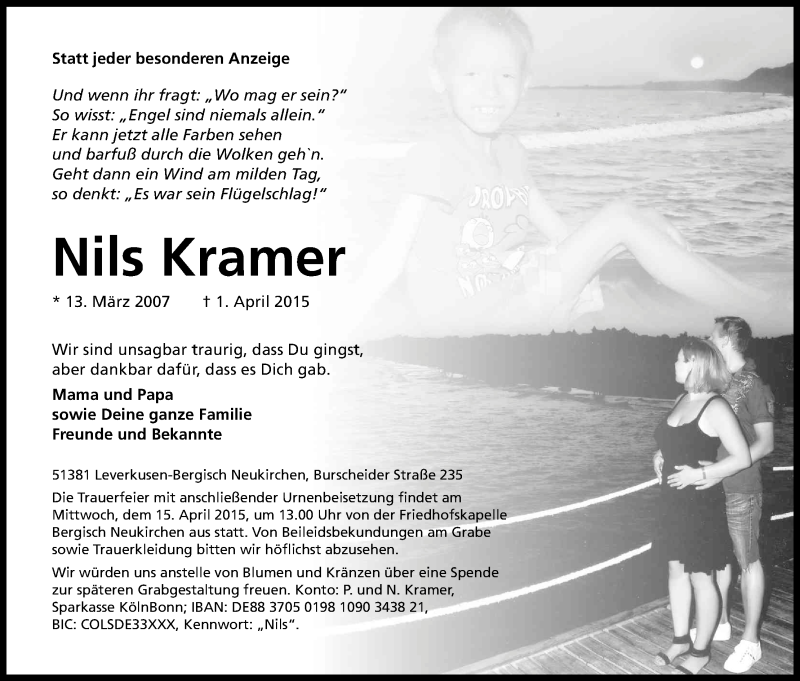  Traueranzeige für Nils Kramer vom 11.04.2015 aus Kölner Stadt-Anzeiger / Kölnische Rundschau / Express