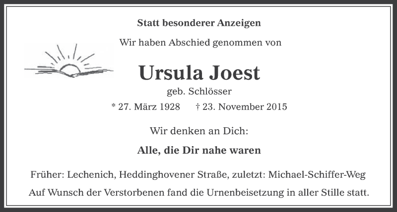  Traueranzeige für Ursula Joest vom 09.12.2015 aus  Werbepost 