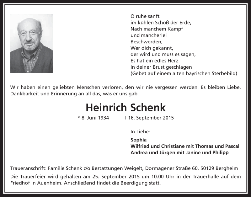  Traueranzeige für Heinrich Schenk vom 23.09.2015 aus  Werbepost 