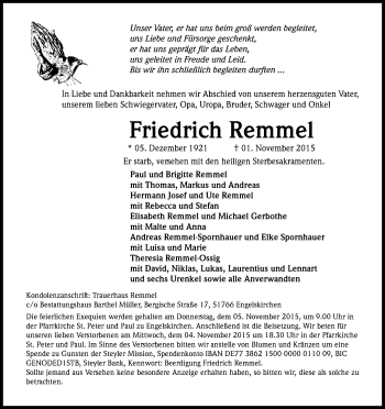 Anzeige von Friedrich Remmel von Kölner Stadt-Anzeiger / Kölnische Rundschau / Express