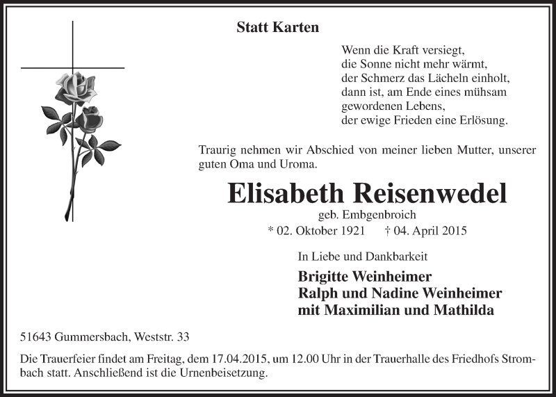  Traueranzeige für Elisabeth Reisenwedel vom 15.04.2015 aus  Anzeigen Echo 