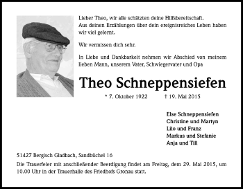 Anzeige von Theo Schneppensiefen von Kölner Stadt-Anzeiger / Kölnische Rundschau / Express