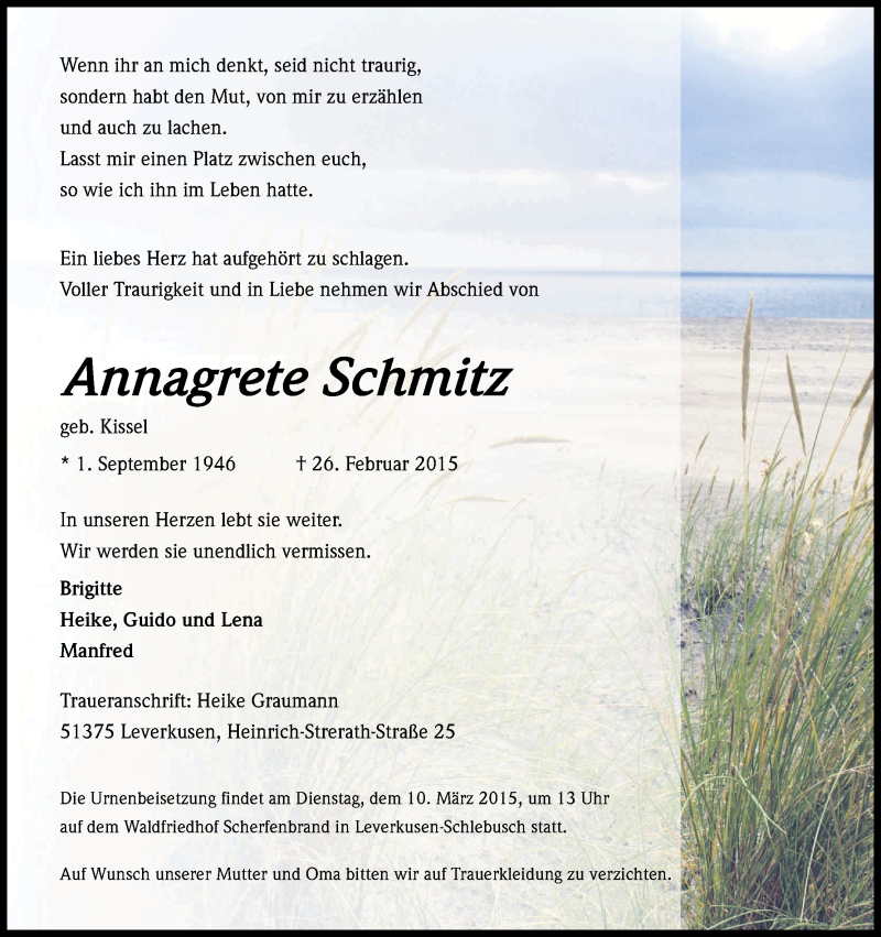  Traueranzeige für Annagrete Schmitz vom 07.03.2015 aus Kölner Stadt-Anzeiger / Kölnische Rundschau / Express