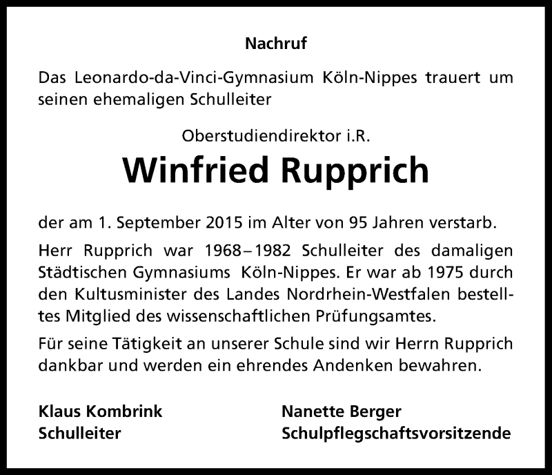  Traueranzeige für Winfried Rupprich vom 19.09.2015 aus Kölner Stadt-Anzeiger / Kölnische Rundschau / Express