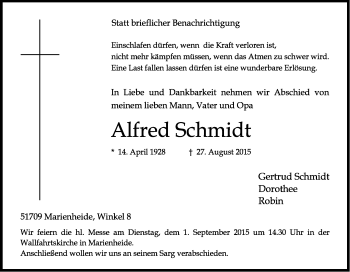 Anzeige von Alfred Schmidt von Kölner Stadt-Anzeiger / Kölnische Rundschau / Express
