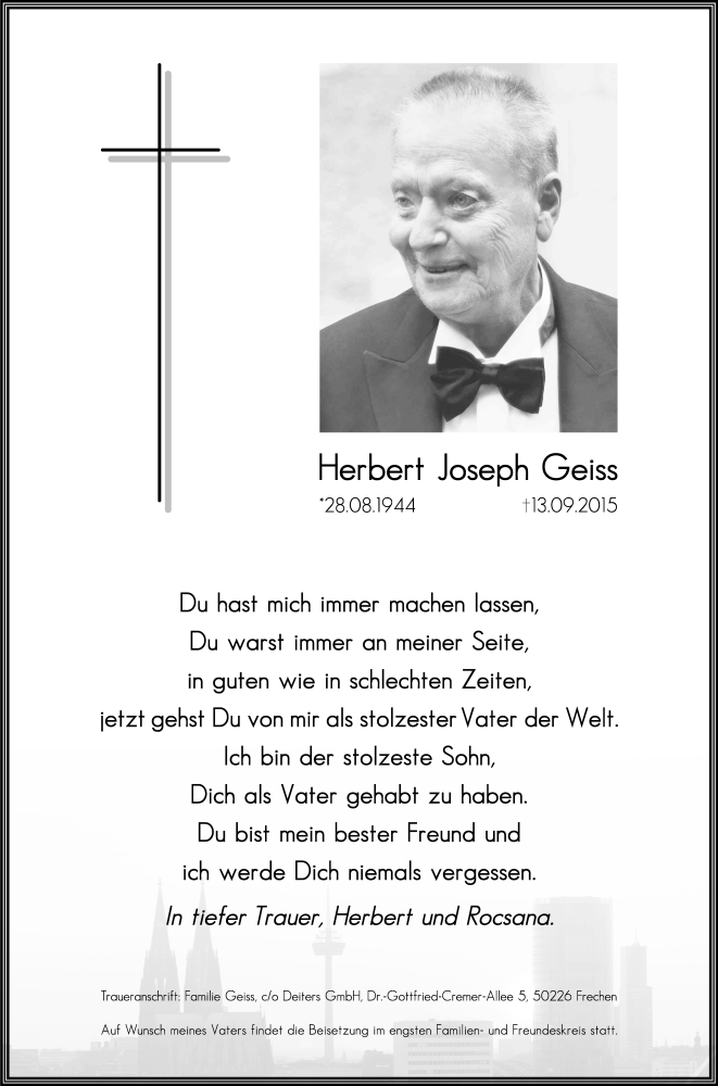  Traueranzeige für Herbert Joseph Geiss vom 19.09.2015 aus Kölner Stadt-Anzeiger / Kölnische Rundschau / Express