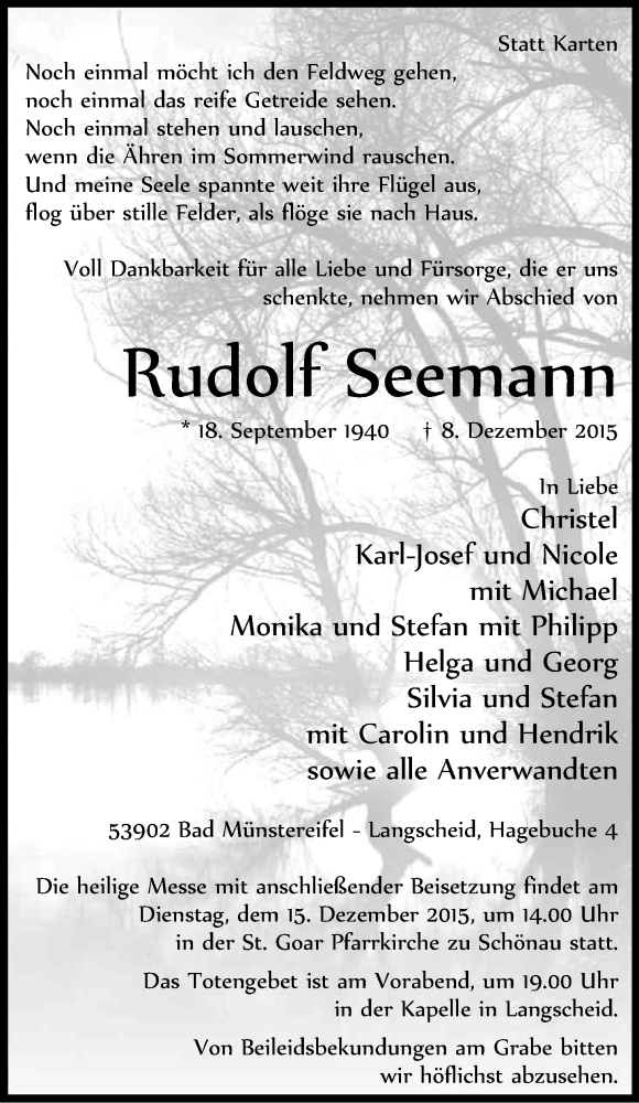  Traueranzeige für Rudolf Seemann vom 12.12.2015 aus Kölner Stadt-Anzeiger / Kölnische Rundschau / Express