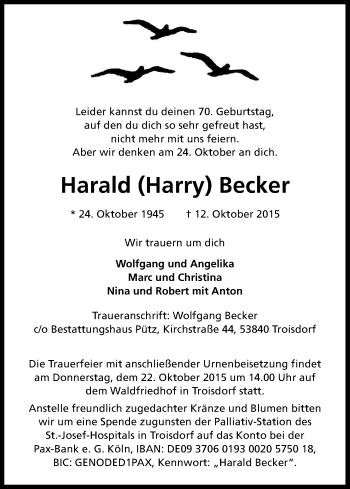 Anzeige von Harald Becker von Kölner Stadt-Anzeiger / Kölnische Rundschau / Express