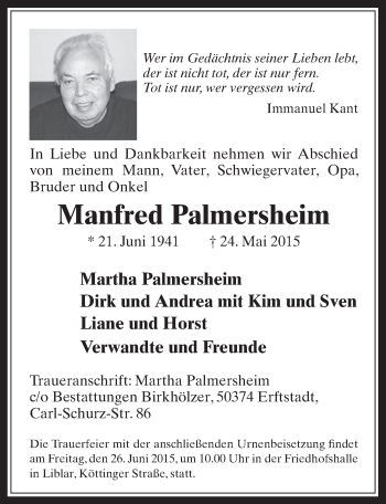Anzeige von Manfred Palmersheim von  Werbepost 