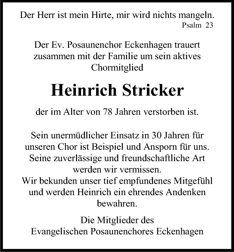  Traueranzeige für Heinrich Stricker vom 01.06.2015 aus Kölner Stadt-Anzeiger / Kölnische Rundschau / Express
