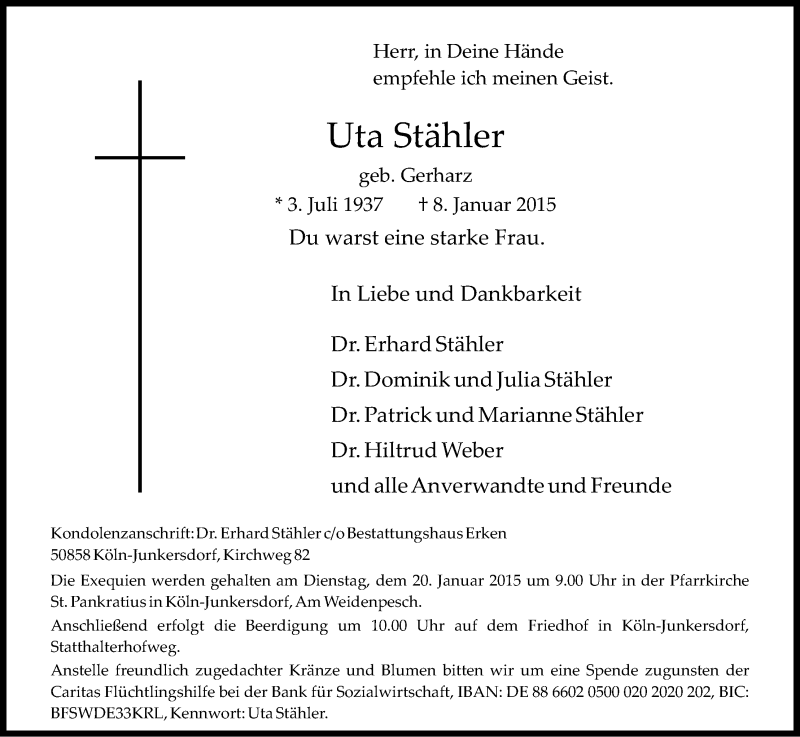  Traueranzeige für Uta Stähler vom 17.01.2015 aus Kölner Stadt-Anzeiger / Kölnische Rundschau / Express