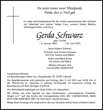 Anzeige von Gerda Schwarz von Kölner Stadt-Anzeiger / Kölnische Rundschau / Express