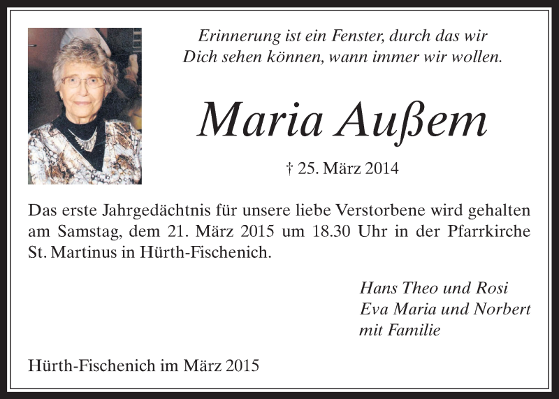  Traueranzeige für Maria Außem vom 18.03.2015 aus  Wochenende 
